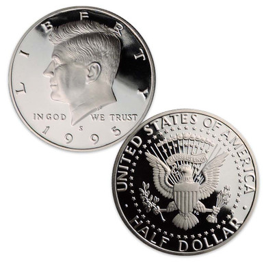 Side-by-side comparison of 1995-S clad proof (left) and 1995-S silver proof (right) Kennedy half dollar