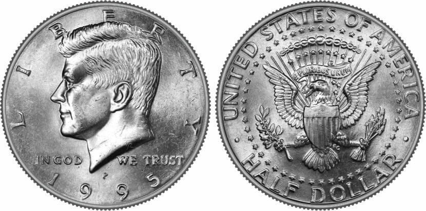 Group shot of all four 1995 Kennedy half dollar varieties — P, D, S clad proof, and S silver proof