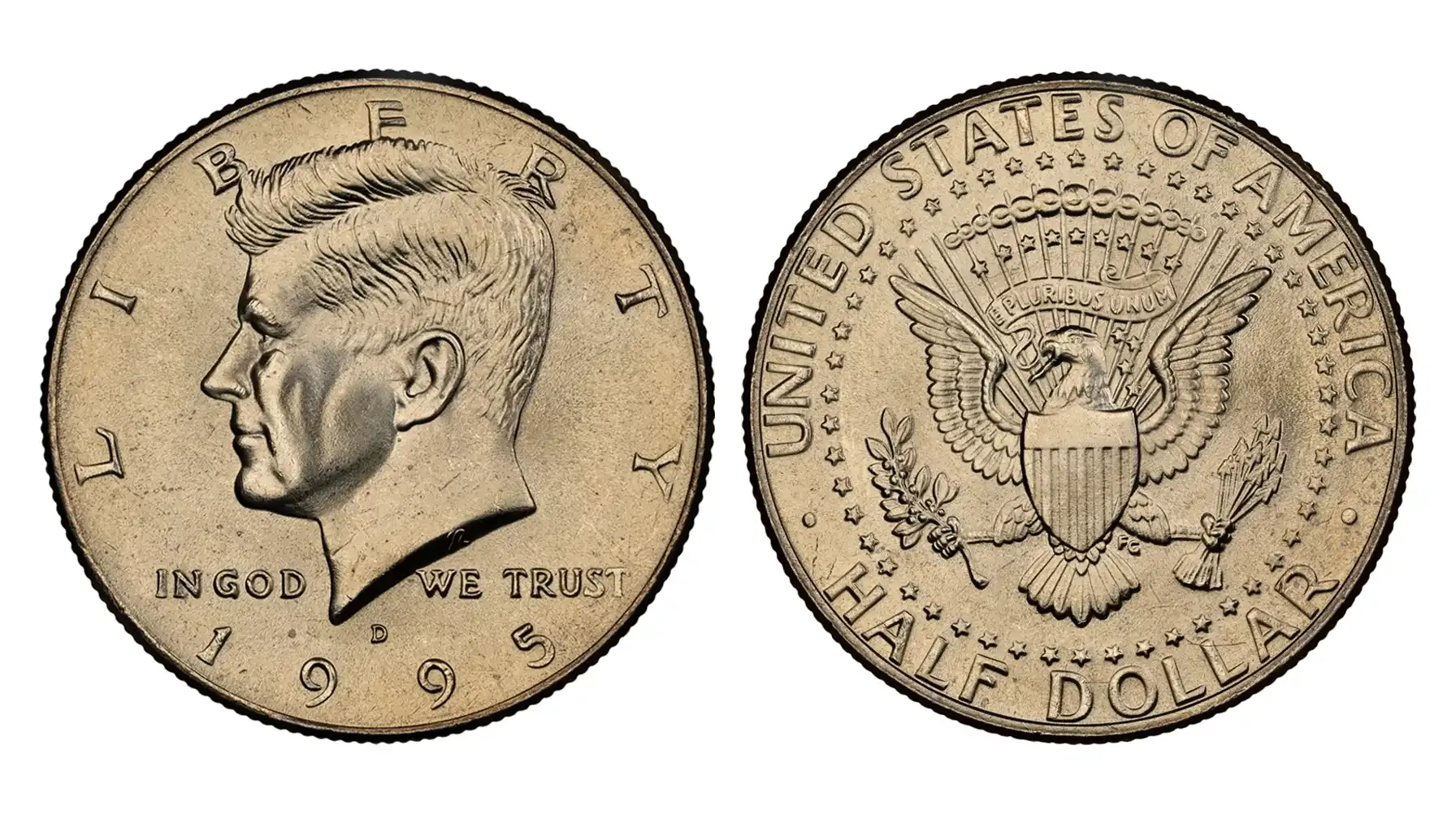 1995 Kennedy half dollar grading strip showing all four condition tiers from worn to gem uncirculated